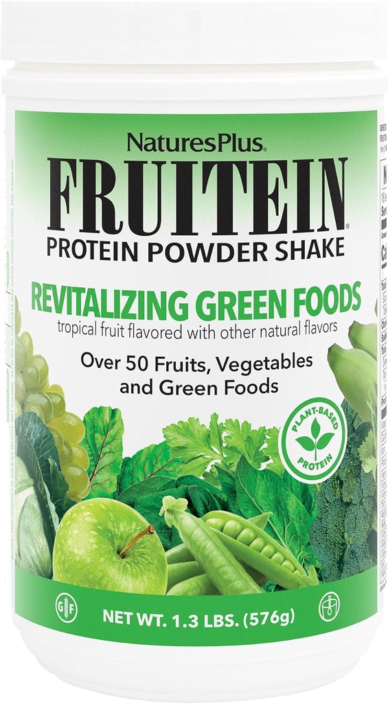 NaturesPlus FRUITEIN Revitalizing Green Foods Shake - 1,3 lbs - Plantbaseret protein (13g / Servering) - Understøtter energi & immunsystem - Vegetarisk, Gluten Gratis & ikke-GMO - 16 Serveringer