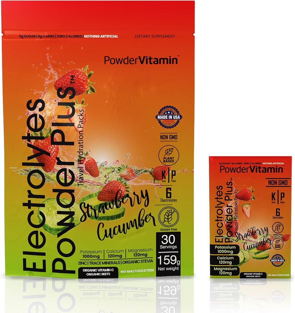 PowerVitamin Electrolytes Powder Packets - Strawberry Cucumber - Keto Electrolytes for Daily Energy - Hydration Powder with 1000mg Potassium, 120mg Magnesium, Zero Calories - 30 Hydration Packets