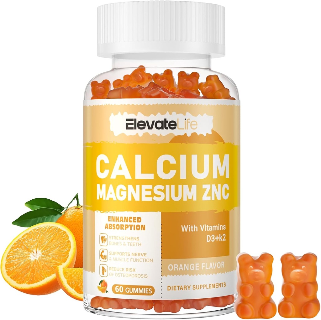 Calcium Magnesium Zinkgummier med vitamin D3 & K2 - høj potens Forbedret Absorption -60 Orange gummies Flavored