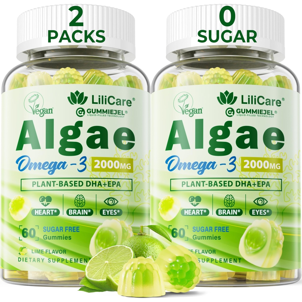 Omega 3 Gummies 2200mg fra Algae Oil (DHA 640mg & EPA 290mg) for kvinder & mænd, Vegan Omega 3 Fish Oil Alternative, w / CoQ10, Astaxanthin, Vitamin A, E, D3 for hjerne, Eye, Antioxidant, Sugar Free 2Packs