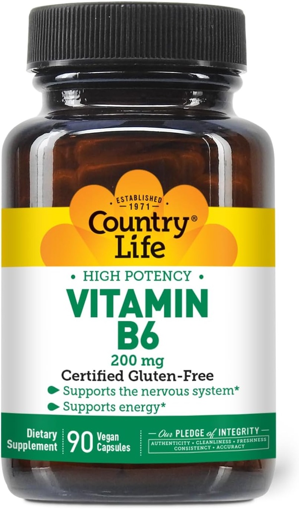 Country Life Vitamin B-6, High Potency, Understøtter energi og nervesystemet, 200mg, 90 Vegan kapsler, Certificeret Gluten fri, Certificeret Vegan, Certificeret Halal...