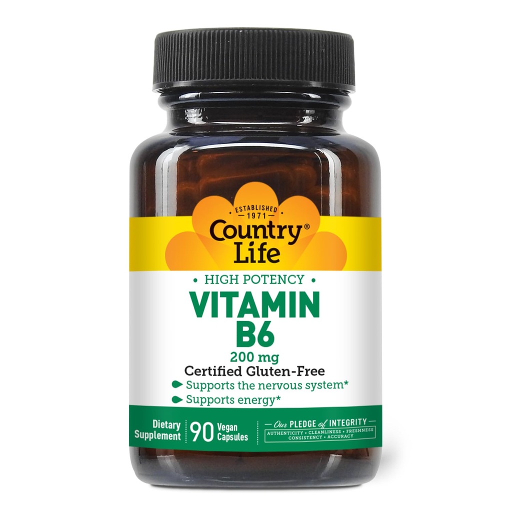 Country Life Vitamin B-6, High Potency, Understøtter energi og nervesystemet, 200mg, 90 Vegan kapsler, Certificeret Gluten fri, Certificeret Vegan, Certificeret Halal...