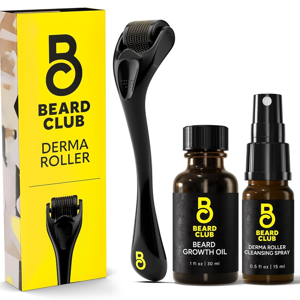 The Beard Club Derma Roller, Growth Oil & Cleansing Spray til ansigt, krop og skalp - Mikroneedling for mænd og kvinder med 540 Titanium Mikroneedles