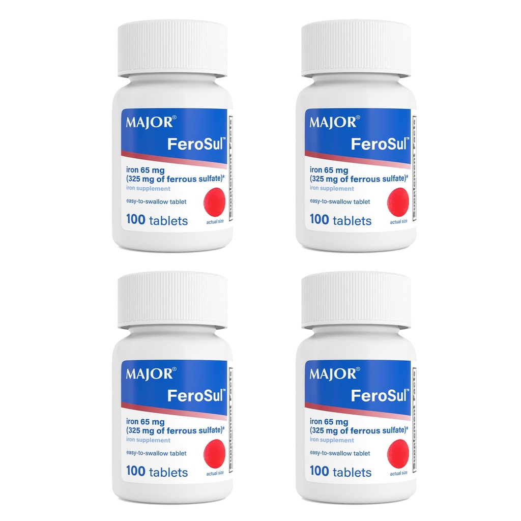 Major FeroSul - Ferrosulfate 325 mg tabletter - jerntilskud til kvinder og mænd - specielt overtrukne tabletter med Easy- to- Swallow tabletter - Rød - 100 greve (4 stk.)