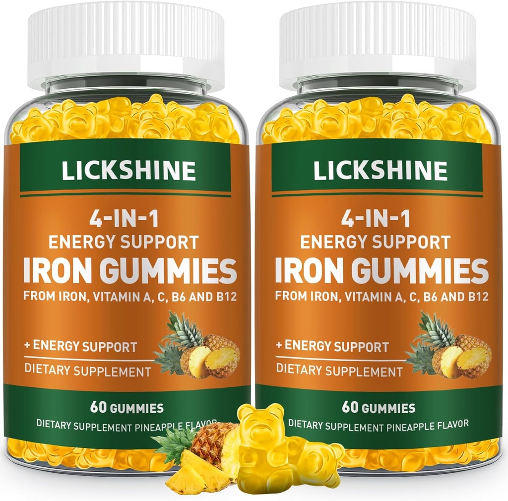 2 Pack Vegan 100MG jerntilskud Gummies for kvinder & mænd - med C-vitamin, A, B for voksne & børn - Energistøtte til jernmangel, anæmi - Ananas smag (120 Ct)