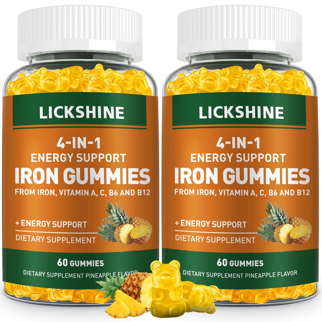 2 Pack Vegan 100MG jerntilskud Gummies for kvinder & mænd - med C-vitamin, A, B for voksne & børn - Energistøtte til jernmangel, anæmi - Ananas smag (120 Ct)