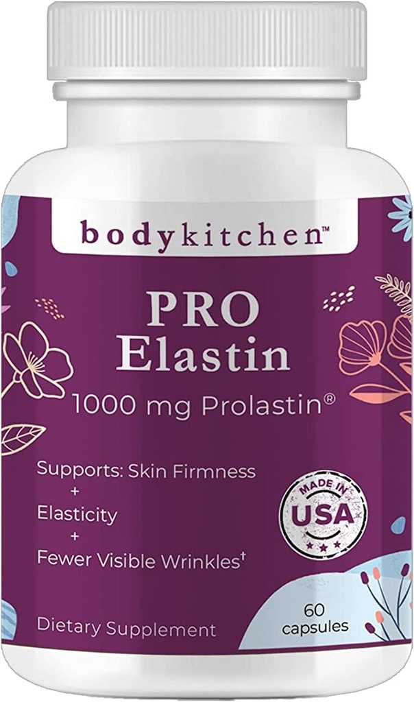 Body Kitchen Pro Elastin Peptides 1000mg, Pure Marine-Derived from France, Elastin Supplements for Skin Firmness, Elasticity & Healthy Aging, Made in USA, 60 Capsules (Pack of 1)