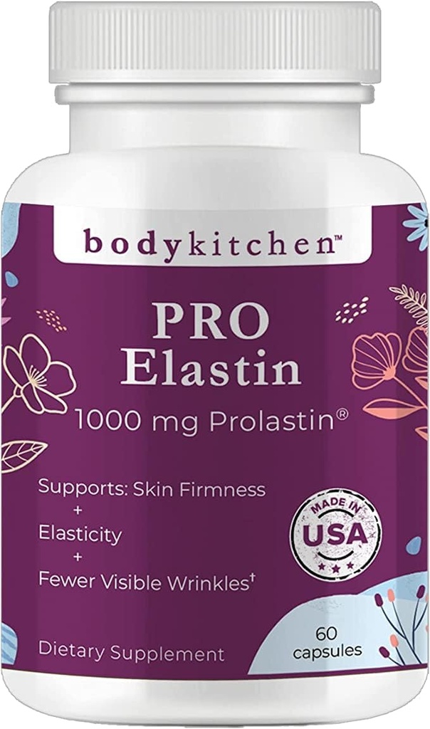 Body Kitchen Pro- Elastin, 1000 mg Elastin Supplement, Hjælp Reducere tegn på ældning, Forbedret hudsundhed, Firmness & Elasticitet, Færre Wrinkler, Veggie Caps, (pakke med 1)