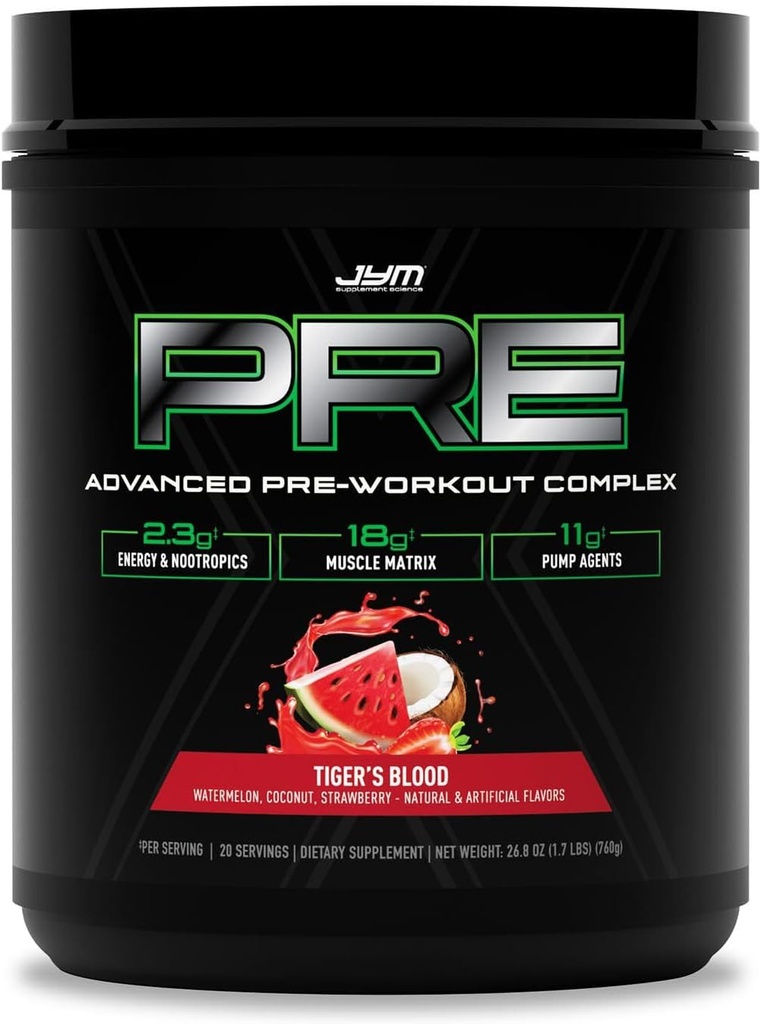 Pre JYM X Tiger 's Blood Advanced Pre-Workout Powder Massive Pumper, Citrullin Nitrat, Dynamin, NO3T Betaine, BCAA' s, Nootropics, Creatin, Beta- Alanine, JYM Supplement Science, 20 Serveringer
