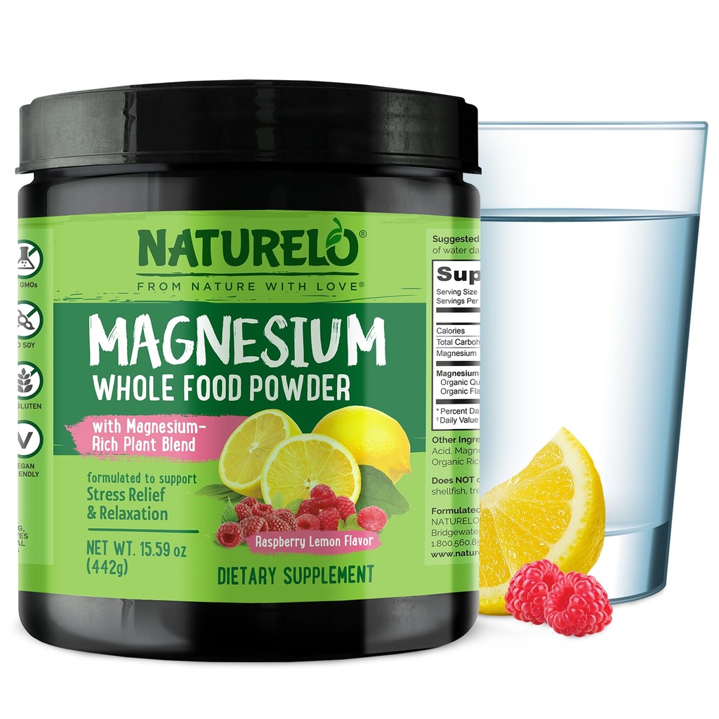 NATURELO Magnesiumpulver - hel mad rolig Magnesium pulver med quinoa, blomkål, & Flaxseed til Stress Relief, Raspberry Lemon 85 Servering, 15oz