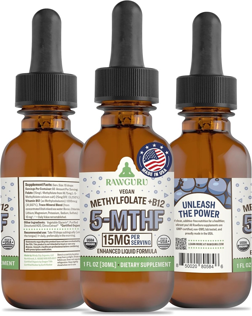 RawGuru L- Methylfolat 15 mg + vitamin B12 - Organic Vegan Methylerede B12 med spor Mineraler - Nano- Forarbejdede og forbedrede flydende formel - 300 Servere Vegan dråber pr 30 ml, pakke med 1