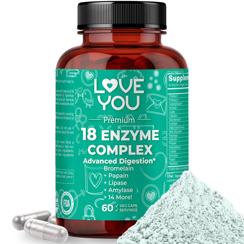 Love You 18 Enzyme Complex – Broad Spectrum Digestive Support with Amylase, Bromelain and Papain – Promotes Nutrient Absorption and Healthy Digestion, 60 Veggie Capsules