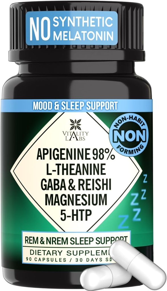 Naturlig søvn støtte supplement til voksne uden melatonin - ikke-Habit Forming Urtesøvn - GABA, L-Theanin, Reishi Mushroom, Apigenin, Magnesium Glycinat, 5-HTP - 90 Veganske kapsler
