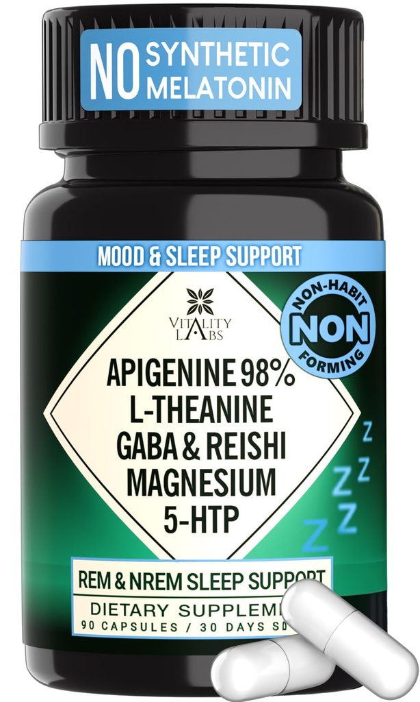 Naturlig søvn støtte supplement til voksne uden melatonin - ikke-Habit Forming Urtesøvn - GABA, L-Theanin, Reishi Mushroom, Apigenin, Magnesium Glycinat, 5-HTP - 90 Veganske kapsler