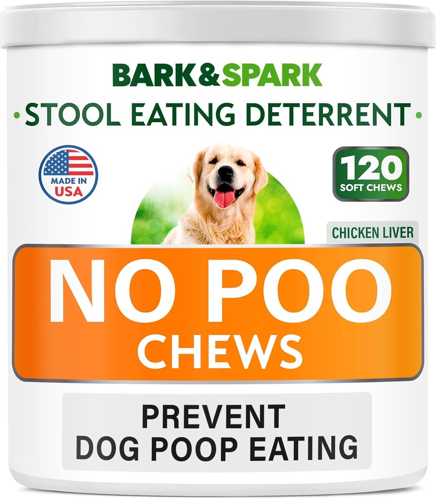 BARK & SPARK NO Poo Treats - Forevent Hundepooop Eating - Coprophagia Treatment - Afføring Deterrent - Probiotika & enzymer - fordøjelsessygdomme + åndedræt Aid - 120 bløde tykkere - USA Made - Lever