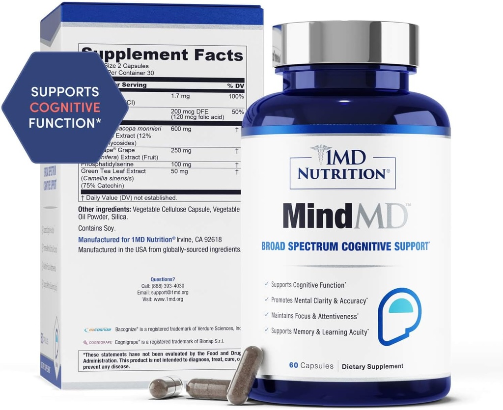 1MD Nutrition MindMD - Brain Supplement for Memory and Focus - Bacopa Monnieri til Nootrop Brain Support - Brain Health Supplement for voksne - med vitamin B6 & Green Tea Extract - 120 Caps