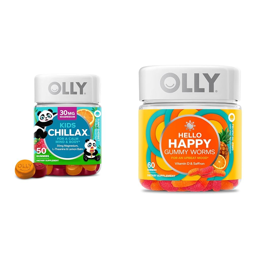 OLLY Kids Chillax, Magnesium Gumies Plus L- Theanine, Lemon Balm & Hello Happy Gummy Worms, Mood Balance Support, D-vitamin, Safran, Voksen Chewable Supplement, Tropical Zing - 60 Greve