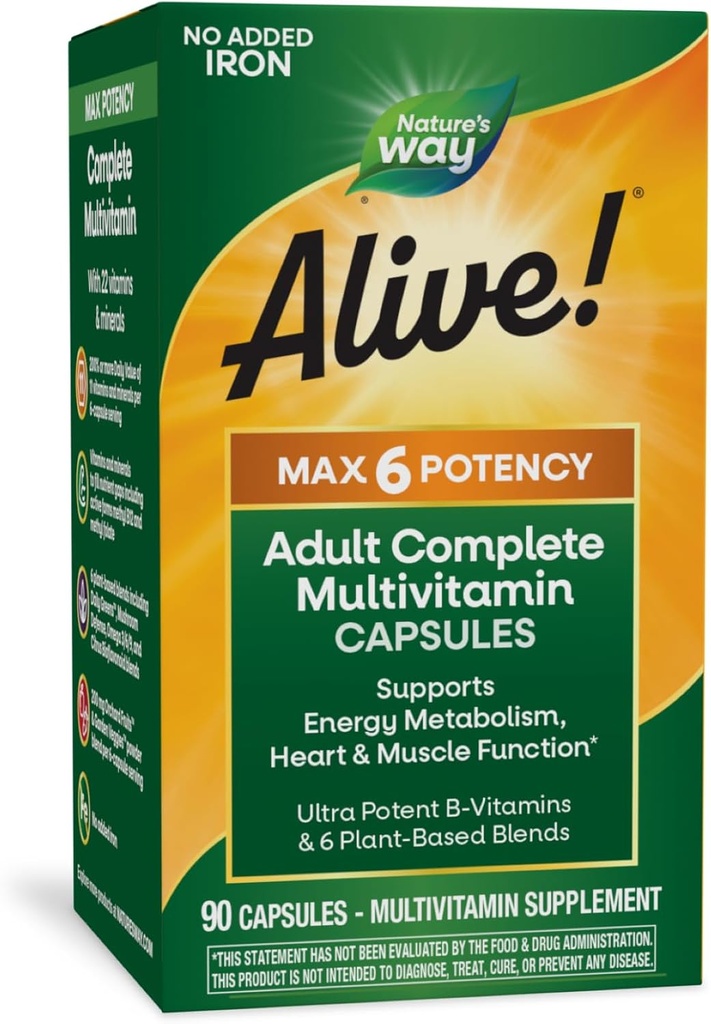 Naturen er i live! Max6 Potence Voksen Complete Multivitamin, Vitamin A, C, E & B- Vitamin herunder Methyl B12 & Folate, Understøtter energi Metabolisme *, Ingen Tilføjet Jern, 90 Kapsler (Emballage Maj Vary)