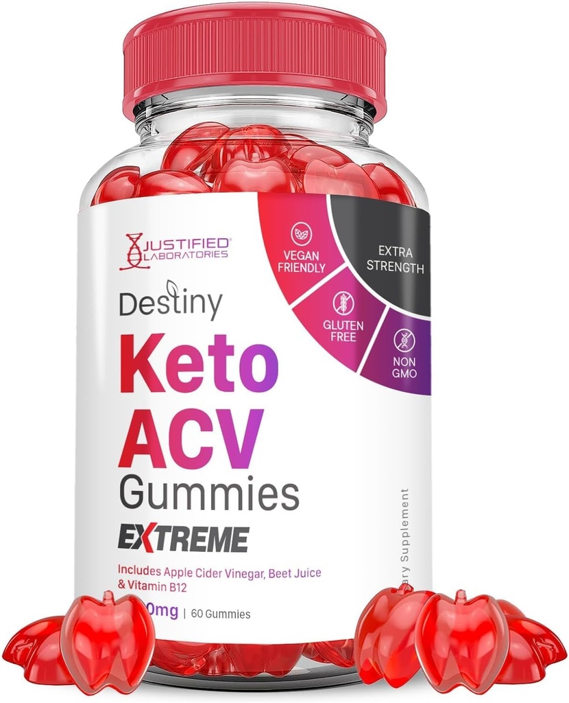 Justified Laboratories Destiny Keto ACV Gummies Extreme 2000MG Destiny Keto Gummies Advanced Formel Apple Cider Vinagar with Pomegranate Beet Juice Powder B12 Vegan Non GMO 60 Gummys