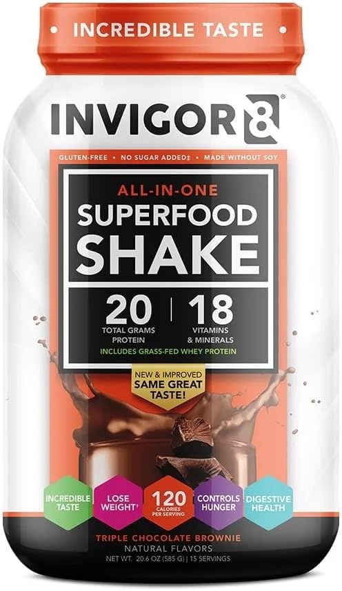 INVIGOR8 Superfood Grass Fed Whey Protein Isolate Shake Chocolate Brownie Gluten- Free and Non GMO Meal Erstatning med Probiotika og Omega 3 (645g)