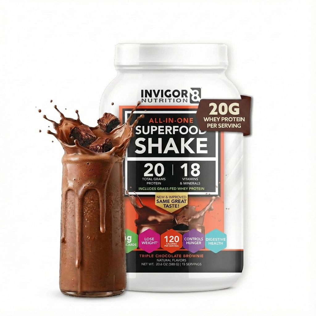 INVIGOR8 Superfood Grass Fed Whey Protein Isolate Shake Chocolate Brownie Gluten-Free and Non GMO Meal Replacement with Probiotics and Omega 3 (645g)
