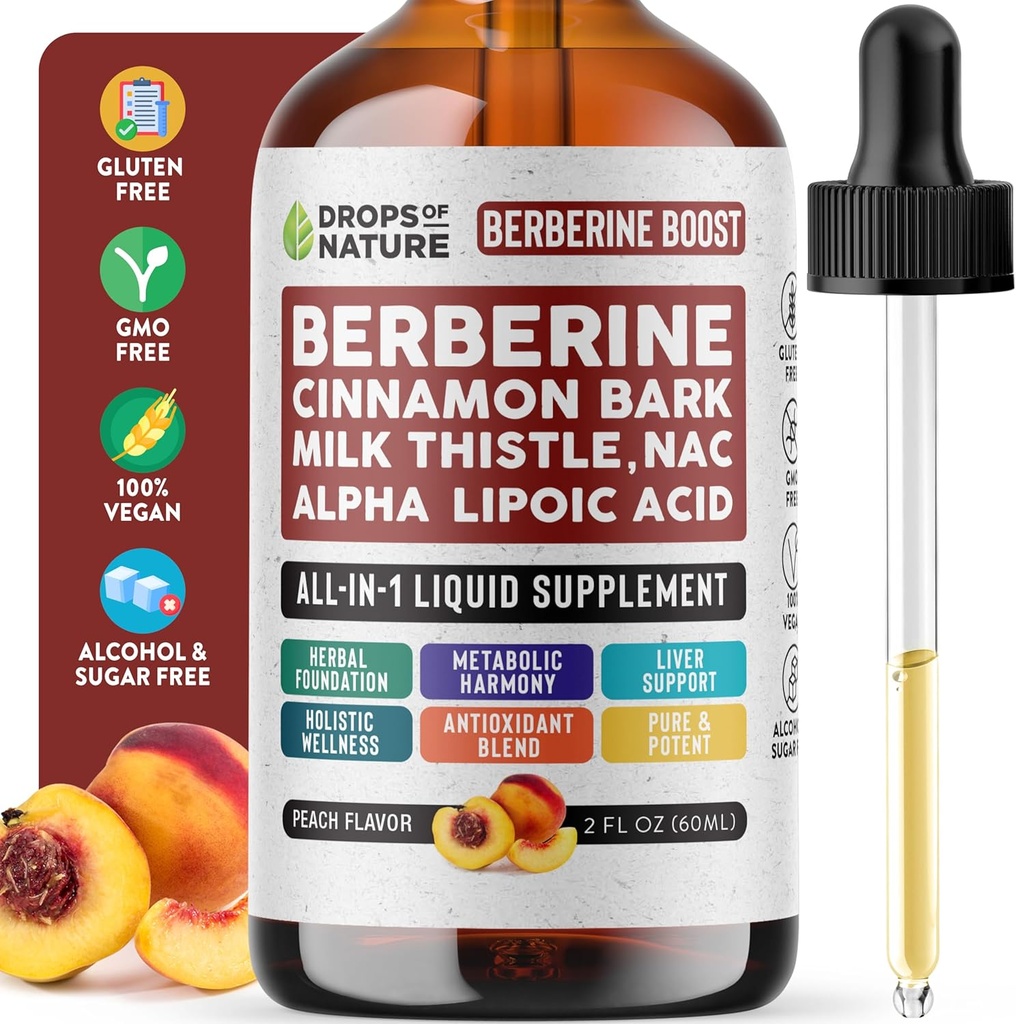 Berberine supplement, Milk Thistle, Ceylon kanel, Alpha Lipoic Acid, NAC supplement flydende dråber - Vegan, 4X Absorption end kapsler - Berberine til leverstøtte & holistisk wellness (Peach, 60ml)
