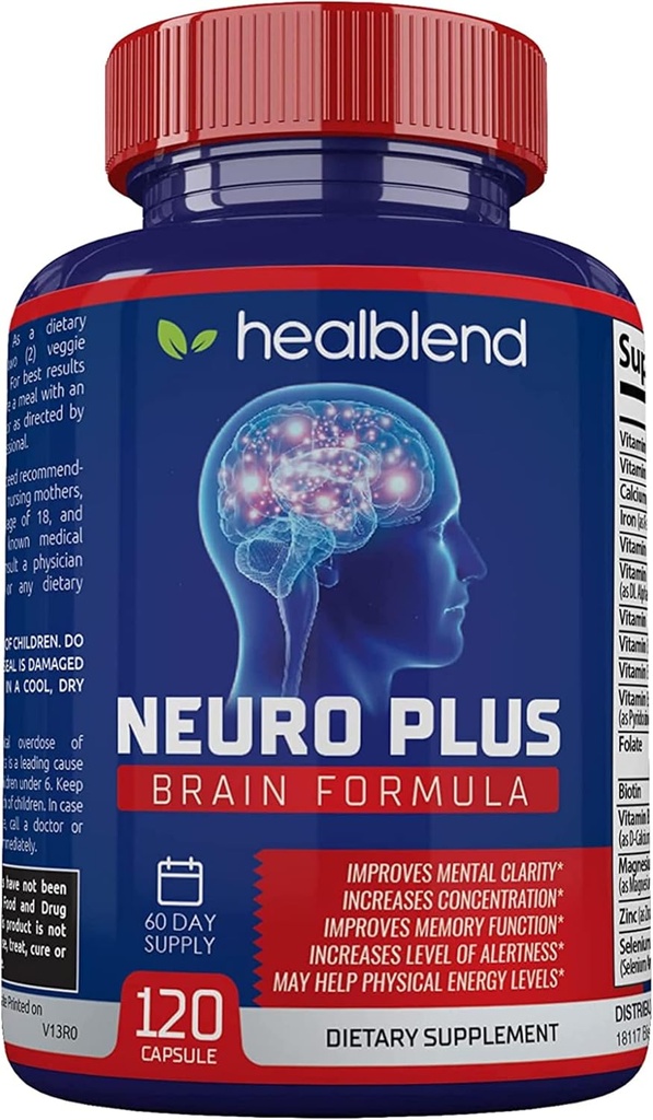 Neuro Plus Brain & Focus Formula - Nootropic Brain Booster Supplement, Supports Brain Health, Mental Clarity & Focus - Enhances Concentration & Mental Energy – 120 Capsules (1)