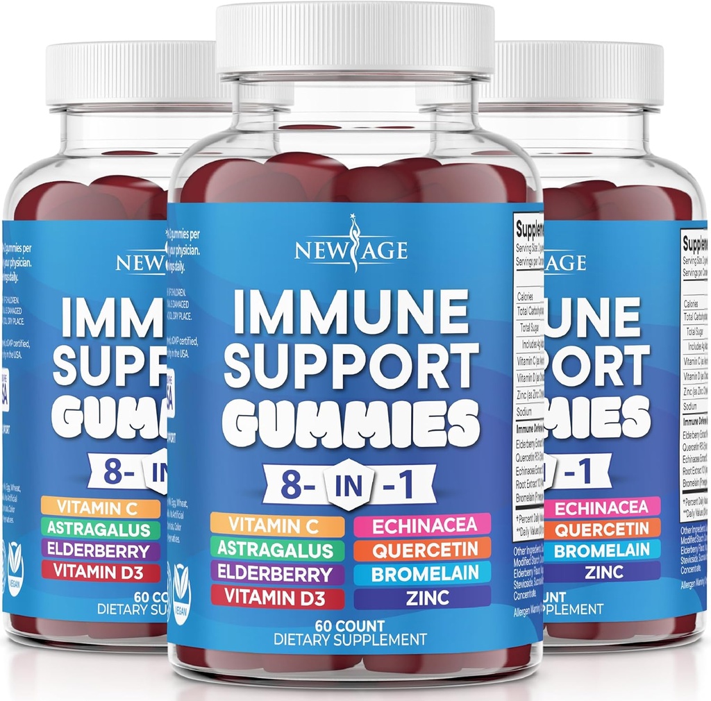 NY ALDER 8 i 1 immunforsvar Booster tillæg med Astragalus Root, C-vitamin og zink 50mg, D-vitamin 5000 IE, Quercetin & bromelain (8 i 1 gummies (pakning med 3))