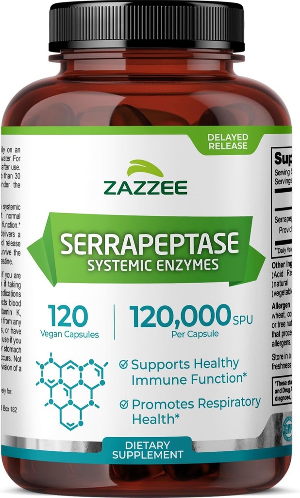 Zazzee Delayed Release Serrapeptase, 120.000 SPU per kapsel, 120 Veganske kapsler, 4 måneder Supply, Extra Strength, Potent og koncentreret Systemiske Enzymer, 100% Vegetarisk, All- Natural og Non- GMO
