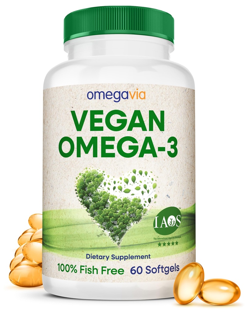 OmegaVia Vegan Omega 3 Supplement, Alger Omega 3 Fish Oil Alternative, 300mg Vegan DHA Fedtsyrer, Plantebaseret, Plant and Ocean Friendly, IAOS 5 Star Testet, 60 Softgels