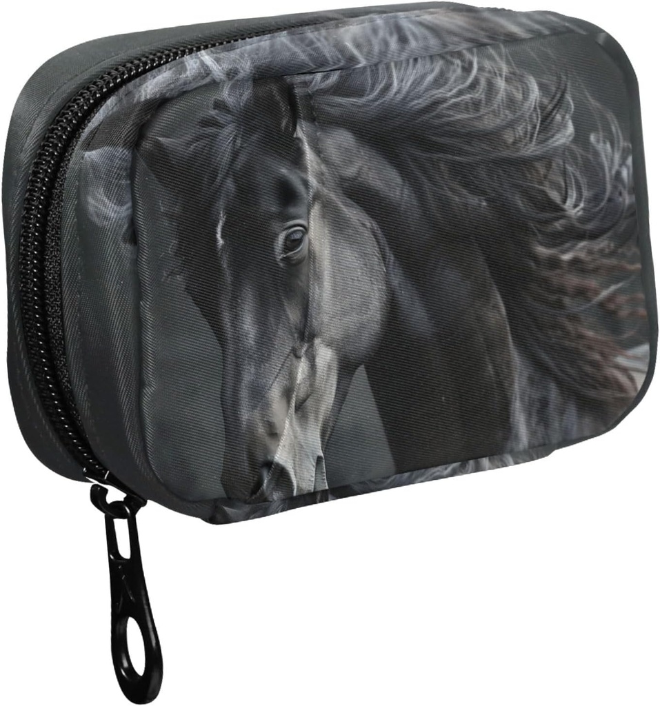 Fustylead Beautiful Black Horse with Long Mane Pill Organizer Case with Zipper 2 Times A Day for Vitamin and Supplement, 7 Day Travel Organizer Medicine Case