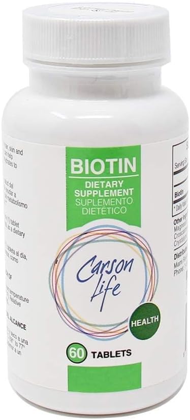Carson Life Biotin Supplement - 60 tabletter - for mænd og kvinder - Vitamin supplement, der fremmer hårvækst - Advanced Formel Hjælper Boost energi og cellevækst - Lavet i USA