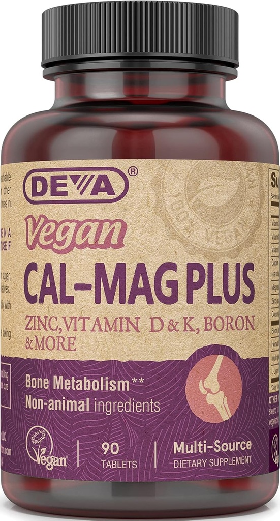 DEVA Vegan Calcium Magnesium Supplement, Plus Zink, Vitamin C, D & K, Bor, 90 tabletter