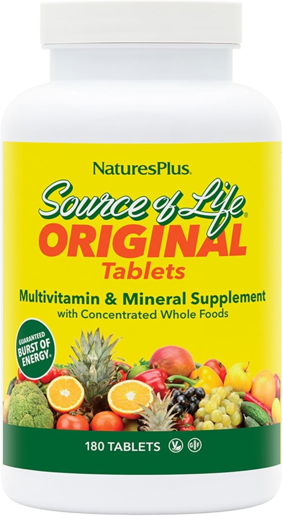 Natures Plus Kilde of Life - 180 tabletter - Multivitamin & Mineral supplement med koncentrerede hele fødevarer - Gluten Free, Vegetar - 60 Servere
