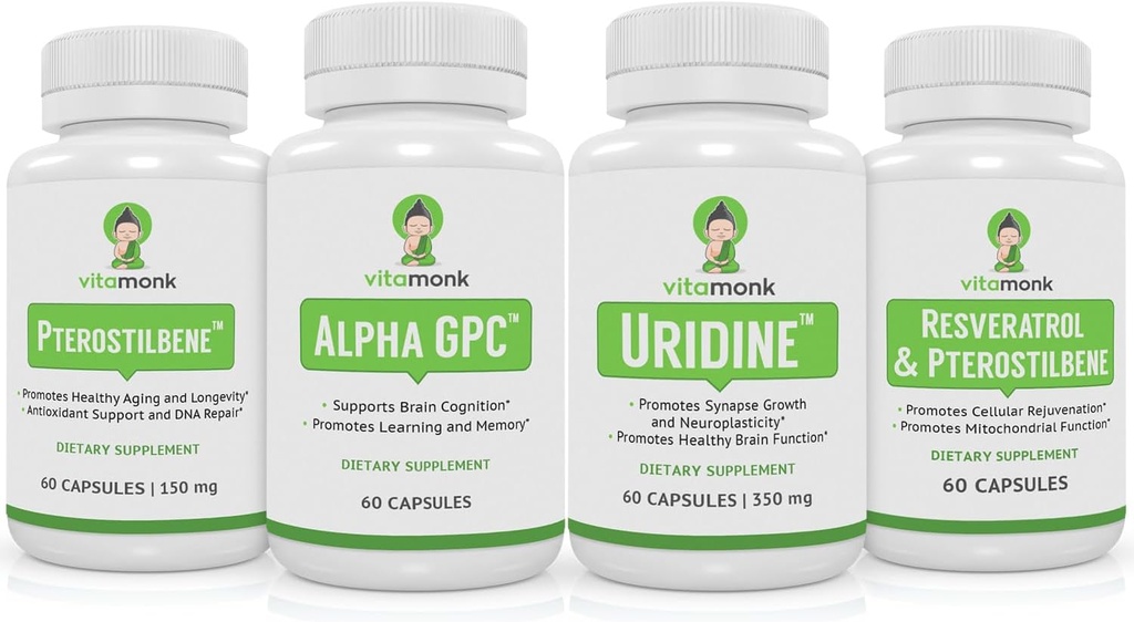 VitaMonk Resveratrol, Pterostilben, Alpha GPC og Uridine Bundle - Longevity og Brain Boosting Stack
