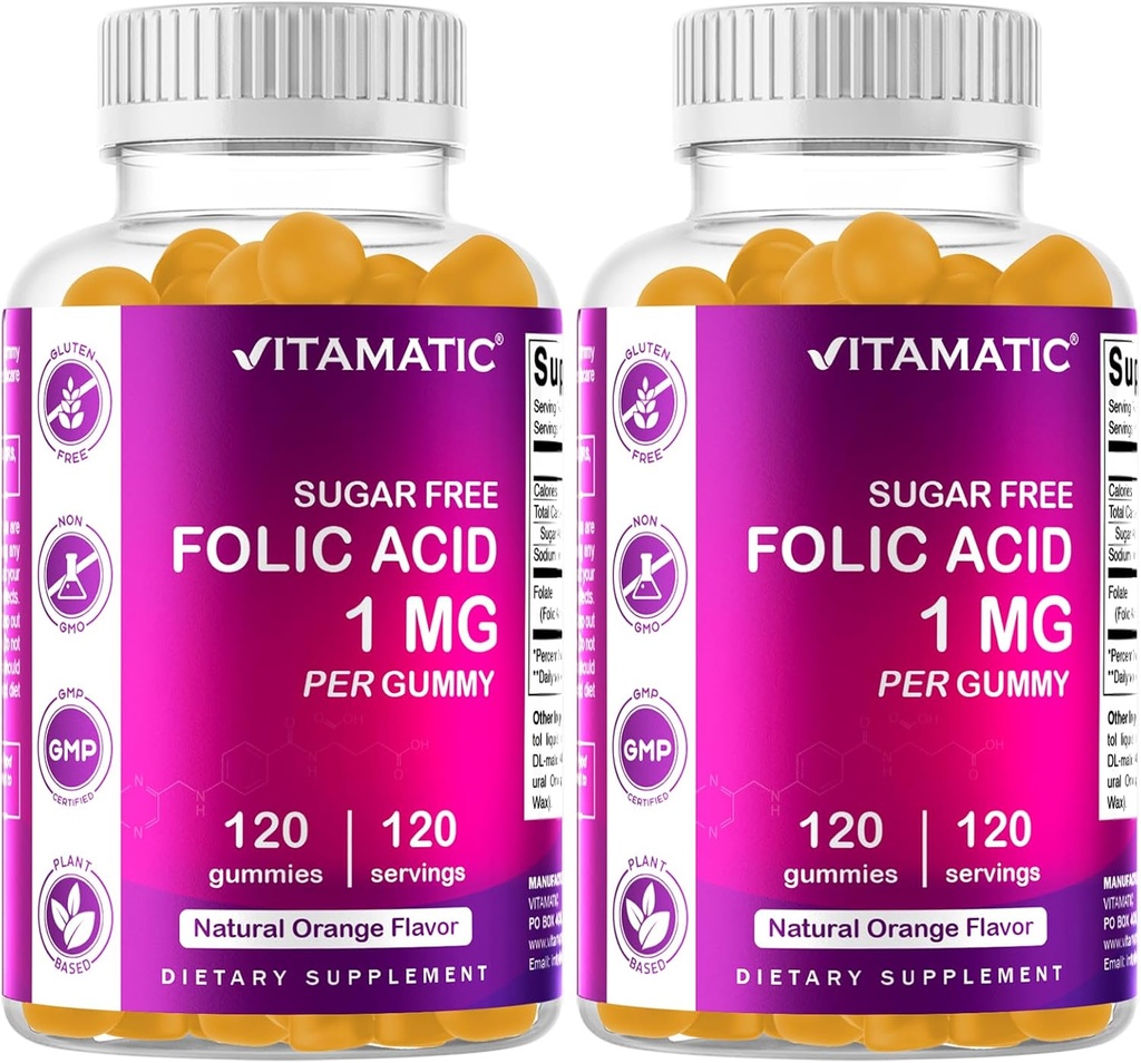 Vitamatisk folinsyre Gummy 1000 mcg (1 mg) - en essentiel prenatal vitaminer til mor og barn - vitamin B9-120 Vegan Gummies (2)
