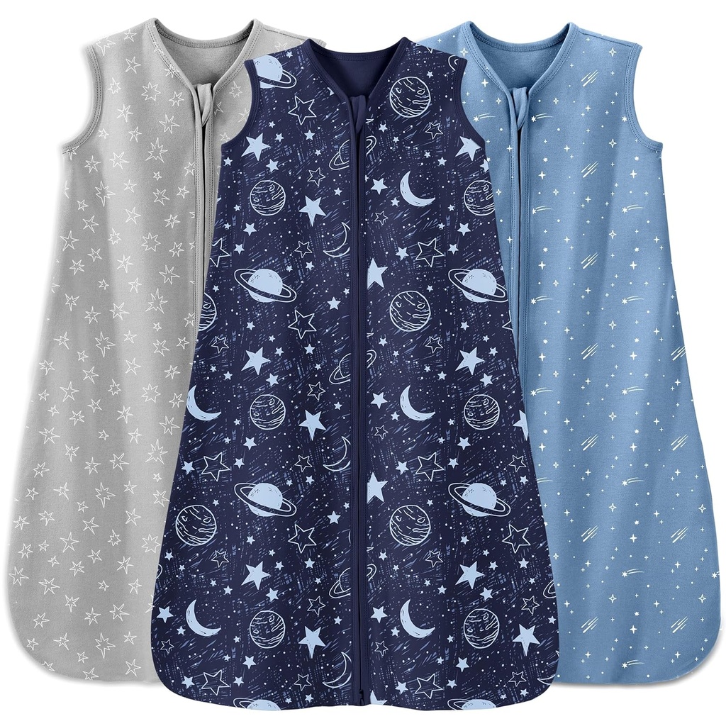 Baby Sleep Sack 12- 18 Måneder 3 Pack 100% Cotton Lightweight 0,5 TOG Wearable Blanket Baby Sovepose med 2- Way lynlås til Infant Toddler Blå