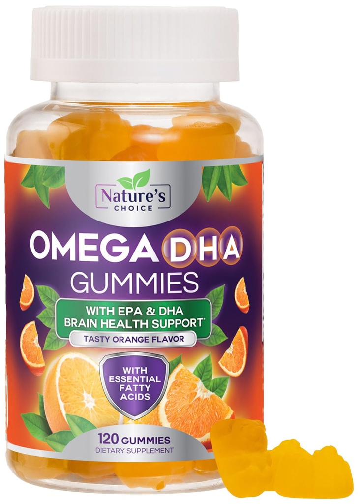 Omega 3 Fish Oil Gummies - Triple Strength Omega3 Gummy - DHA & EPA Fedtsyrer til hjerte sundhed, Joint & Brain Support, Nature 's High Absorption Omega Fish Oil Supplement, Orange Flavor-120 Gummies