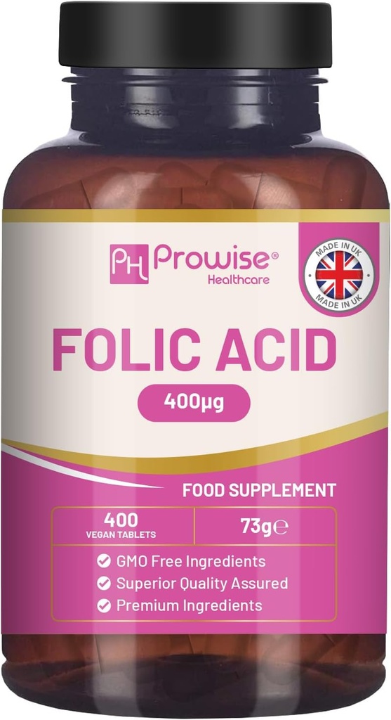 Folic Acid Tablets 400 mcg - 400 Vegan Vitamin B9 Tablets | 13 Month Supply | Vitamin B9 Pregnancy Care | Normal Function of Immune System & Maternal Tissue Growth During Pregnancy | UK Made – Prowise