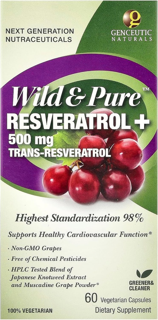 Genceutic Naturals Wild & Pure Resveratrol Vegetarian Capsules, 60- Greve Note 124; Promoerer hjertesundhedstjeneste