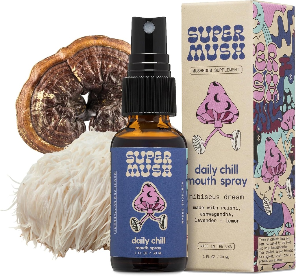 SuperMush Daily Chill Mouth Spray - Mushroom Spray Supplement Reishi - Hibiscus & Ashwagandha Blandede champignoner Uddrag Pure Flydende sprays - Stress Relief, Afslapning & Opkaldelse - 30ml Organic Lions Mane