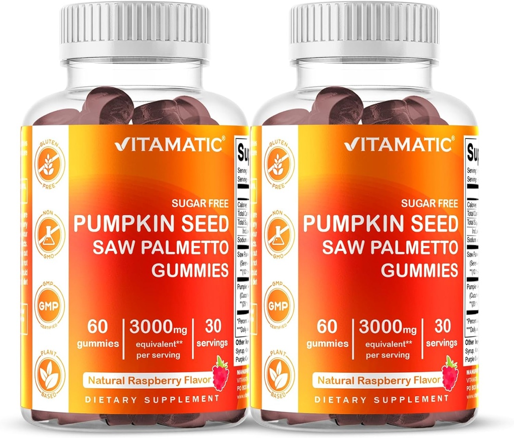 Vitamatic 2 Packs Sugar Free Pumpkin Seed Gummies- 3000 mg Ækvivalent Per Servering (fra 20: 1 og 10: 1 Extract 200 mg) - Lavet med Saw Palmetto - Natural Raspberry Flavor - 60 Greve