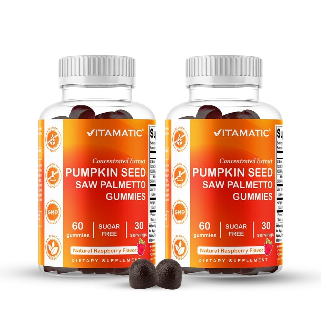 Vitamatisk græskar Seed 20: 1 Extract & Saw Palmetto 10: 1 Extract Gummies - Sugar- Free Botanisk Extract - Natural Raspberry Flavor - Vegan, Non- GMO, Plant- baserede Gummies - 60 Count - 2 Pack (120 Count)