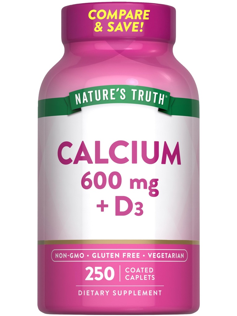 Nature 's Truth Calcium 600mg med D3- vitamin 1 124; 250 Caplets 1 124; Calcium Carbonate 1 124; Vegetar, Non- GMO & Gluten Free Supplement