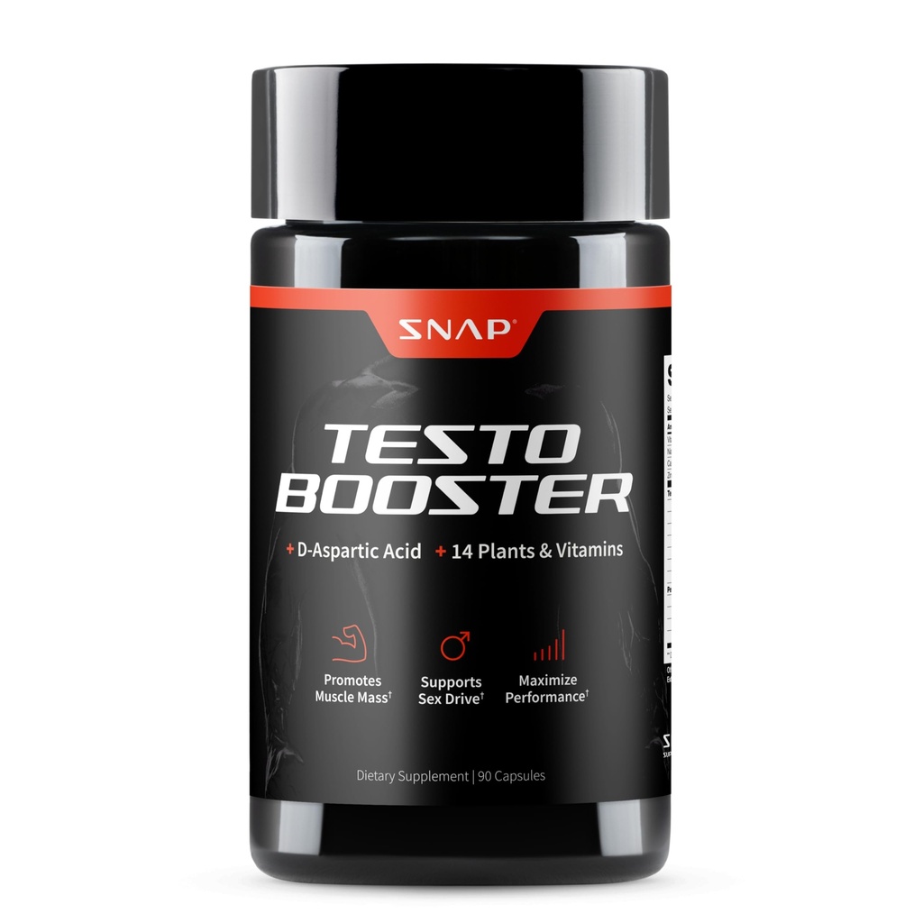 Snap Kosttilskud Testosteron Booster for mænd - fremmer muskelvækst, Booster for mænd, Forbedret naturlig energi, Stamina og styrke, 90 kapsler (30 Servere, 1 måned Tilgang)