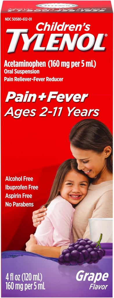 Børns Tylenol flydende oral suspension medicin, Acetaminophen Pain Reliever & Fever Reducer for Cold + Fluer Symptomer & Sore Throat, Aspirin-, Ibuprofen- & Alkohol- Gratis, Grape, 4 fl. oz