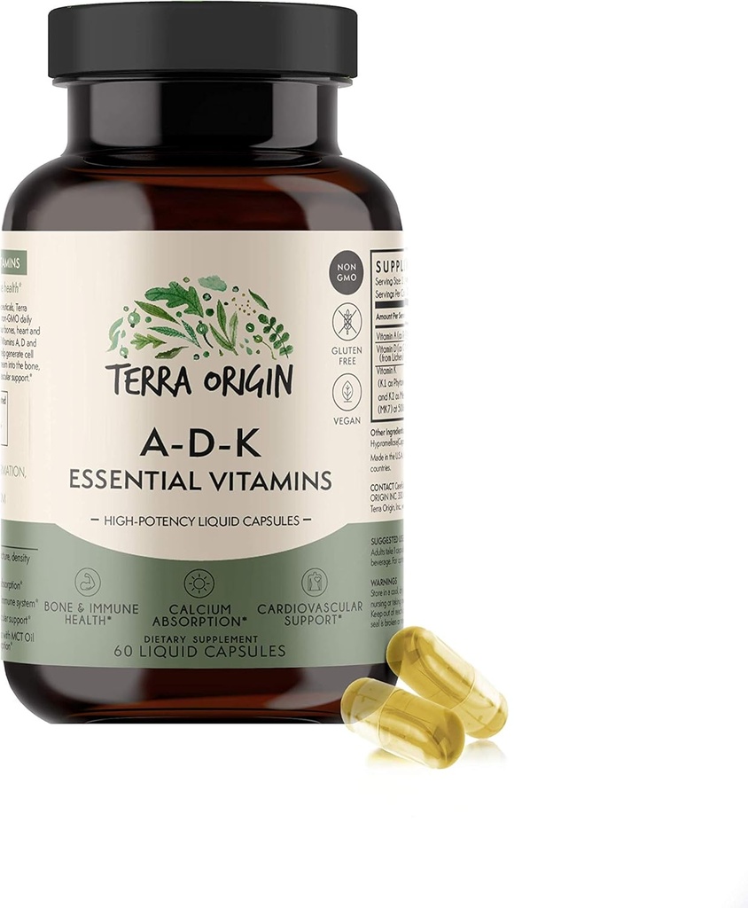 TERRA OPRINCIN ADK Essential Vitamin Supplementary 124; 60 Væskekapsler MSD 124; High Potency Vitamin A, D 5000 IE, K1 og K2 MSD 124; Non GMO, Gluten Free, Vegan, Made in USA