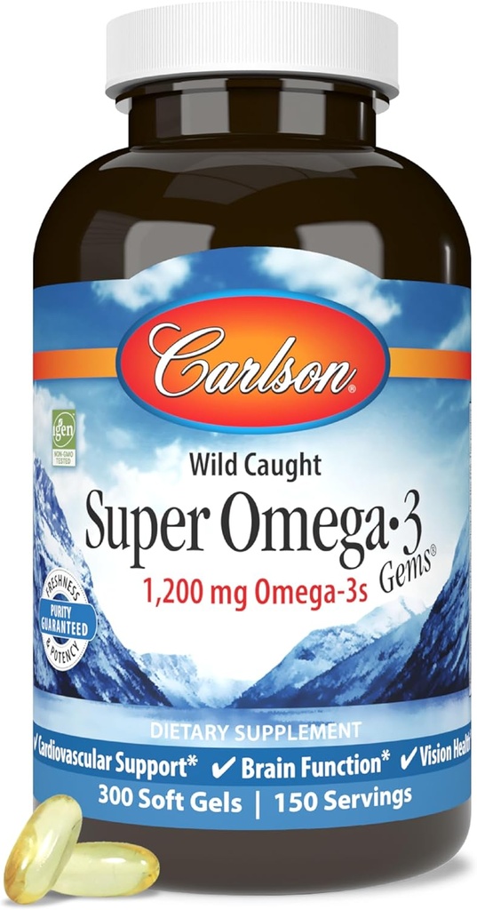 Carlson - Super Omega-3 perler, 1200 mg Omega-3 fedtsyrer med EPA og DHA, Wild- Fanget norsk Fish Oil Supplement, bæredygtigt sourced kapsler 300 Softgels