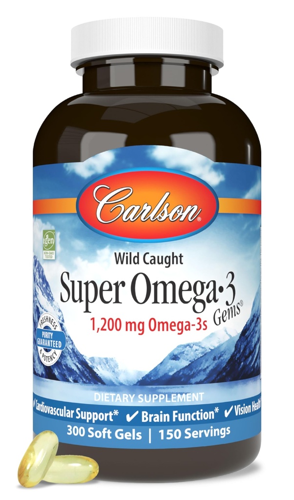 Carlson - Super Omega-3 perler, 1200 mg Omega-3 fedtsyrer med EPA og DHA, Wild- Fanget norsk Fish Oil Supplement, bæredygtigt sourced kapsler 300 Softgels
