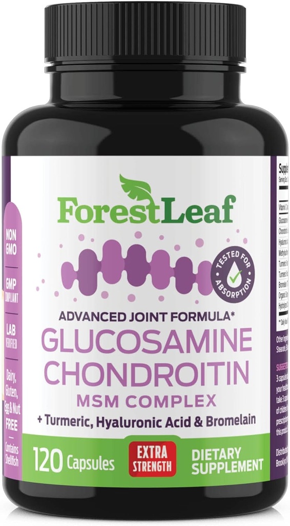 Glucosamin Chondroitin MSM Complex Supplement - Triple Strength 1200mg Joint Support for kvinder og mænd med gurkemeje, hyaluronsyre og bromelain for muskelfleksibilitet - 120 Caps